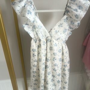 Floral Ruffle Dress in Blue and White